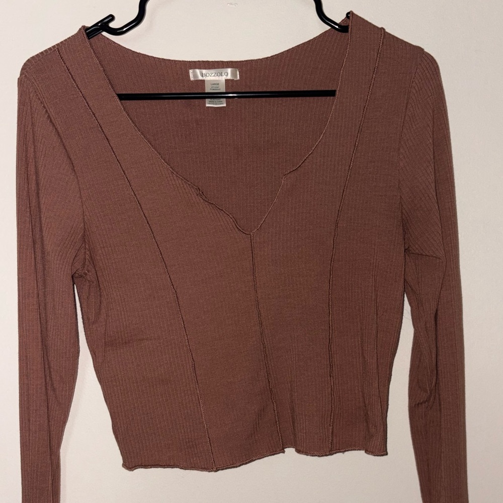 Bozzolo Mauve-Brown Ribbed V-Neck Long Sleeve Top